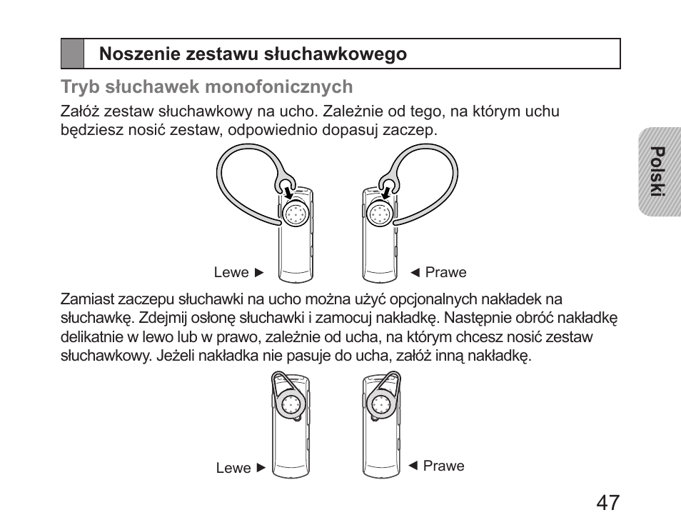 Noszenie zestawu słuchawkowego | Samsung HM6450 User Manual | Page 49 / 191