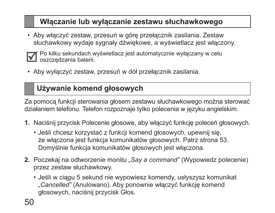 Włączanie lub wyłączanie zestawu słuchawkowego, Używanie komend głosowych | Samsung HM6450 User Manual | Page 52 / 191