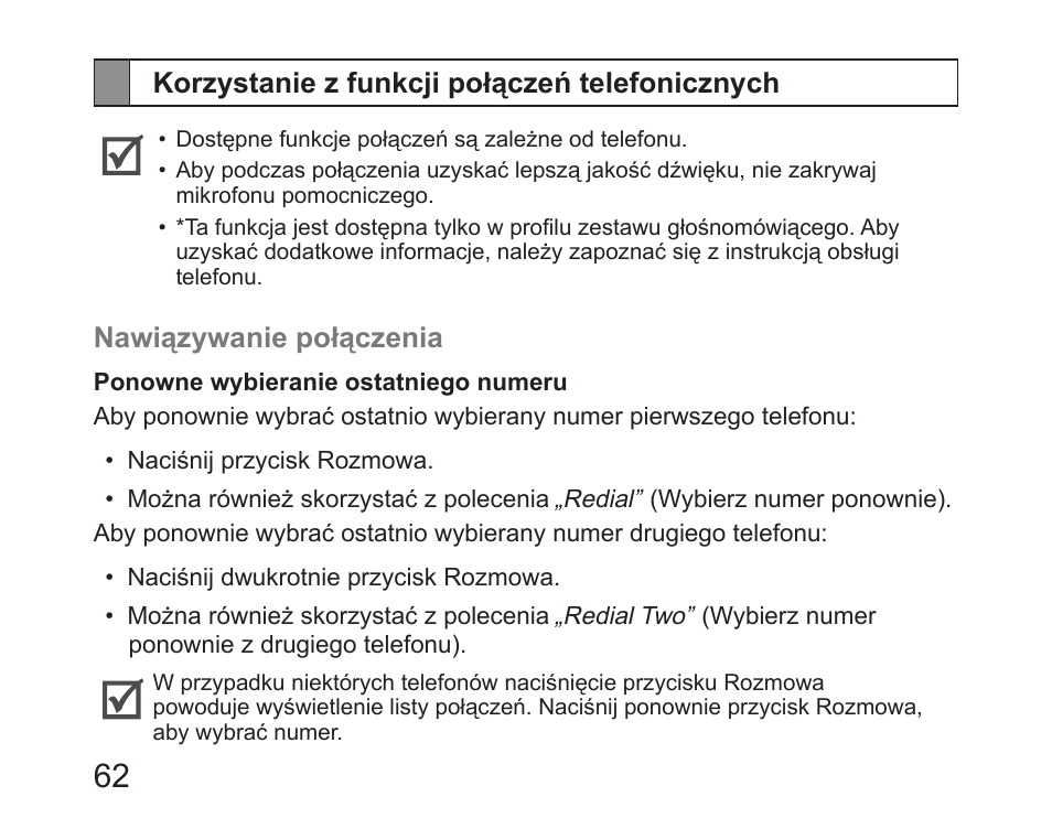 Korzystanie z funkcji połączeń telefonicznych | Samsung HM6450 User Manual | Page 64 / 191