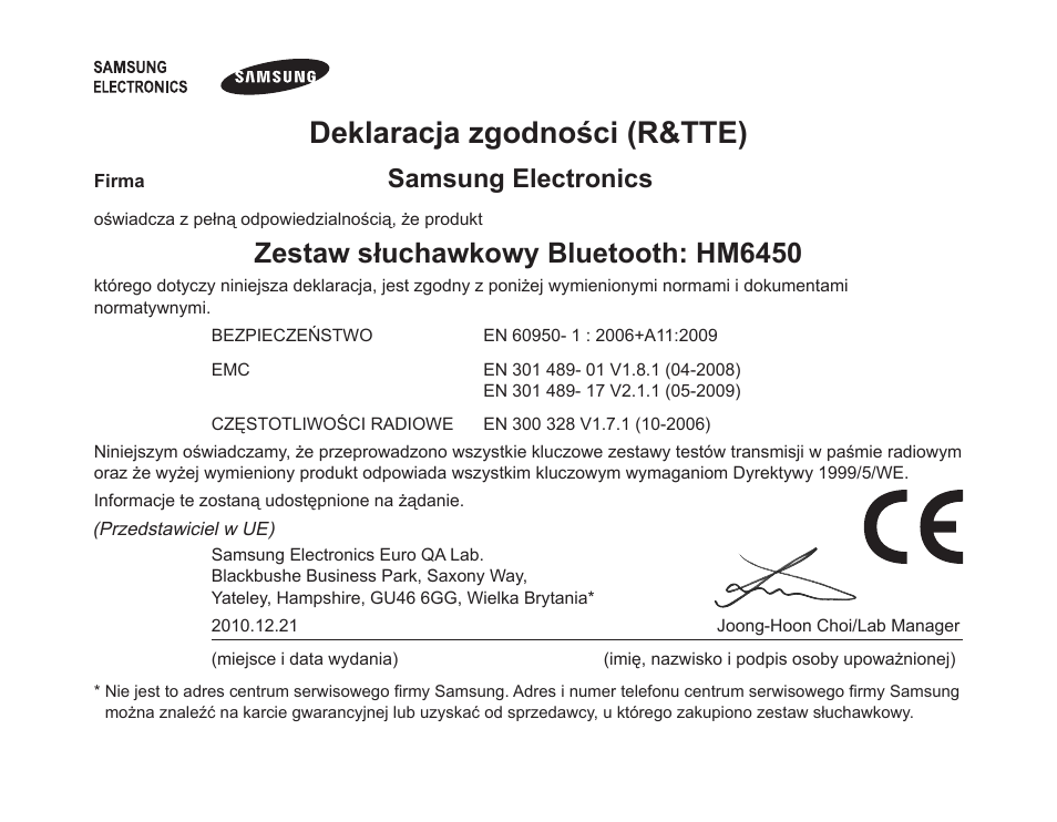Deklaracja zgodności (r&tte), Zestaw słuchawkowy bluetooth: hm6450, Samsung electronics | Samsung HM6450 User Manual | Page 80 / 191