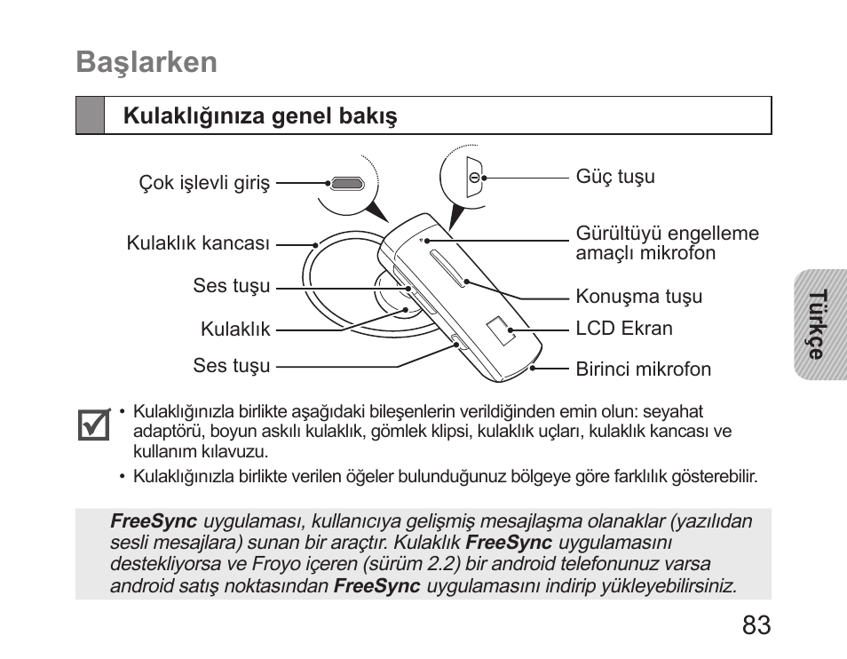 Başlarken, Kulaklığınıza genel bakış | Samsung HM6450 User Manual | Page 85 / 191