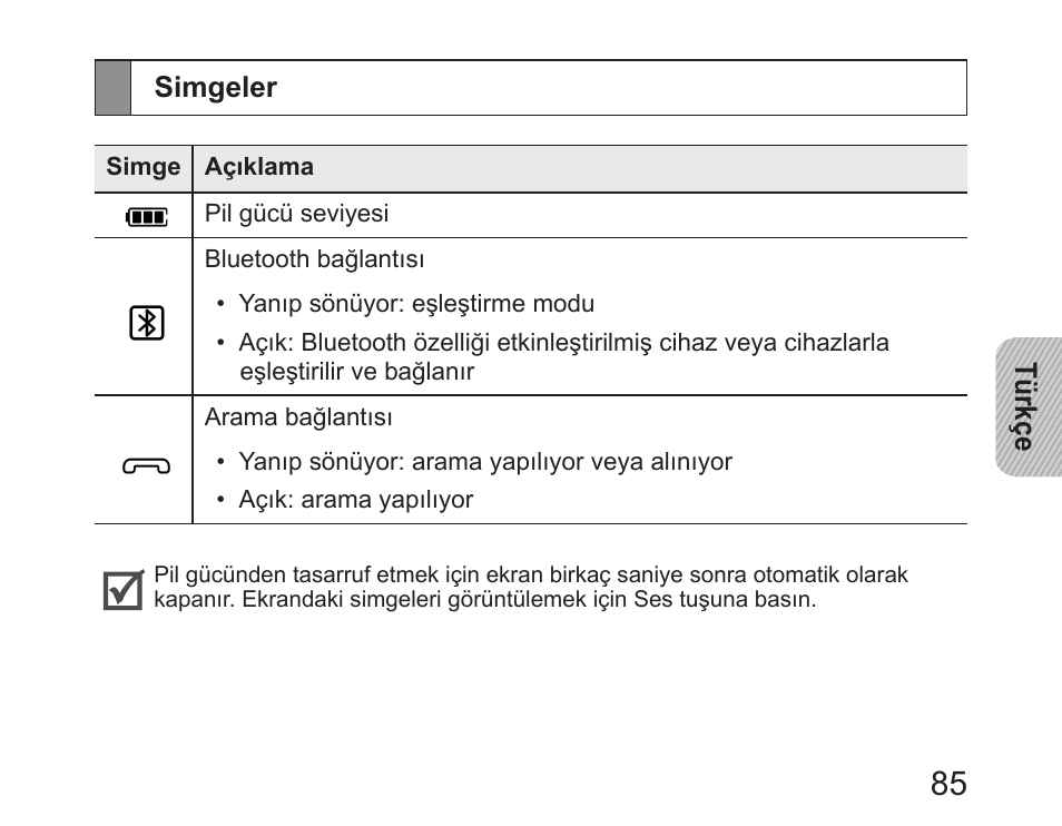 Simgeler | Samsung HM6450 User Manual | Page 87 / 191