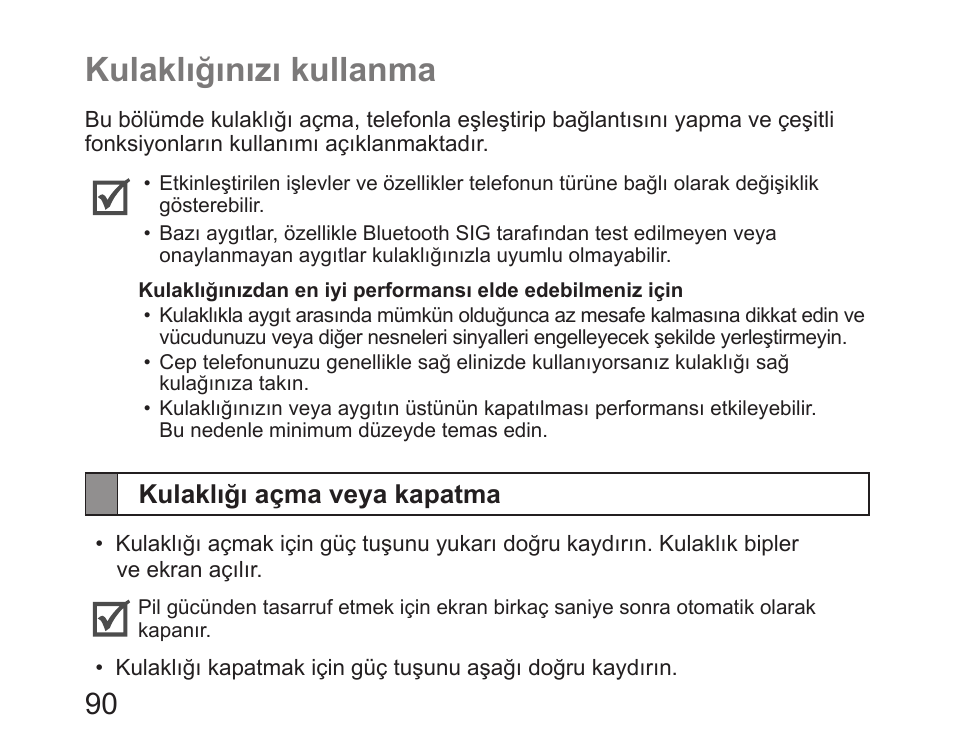 Kulaklığınızı kullanma, Kulaklığı açma veya kapatma | Samsung HM6450 User Manual | Page 92 / 191