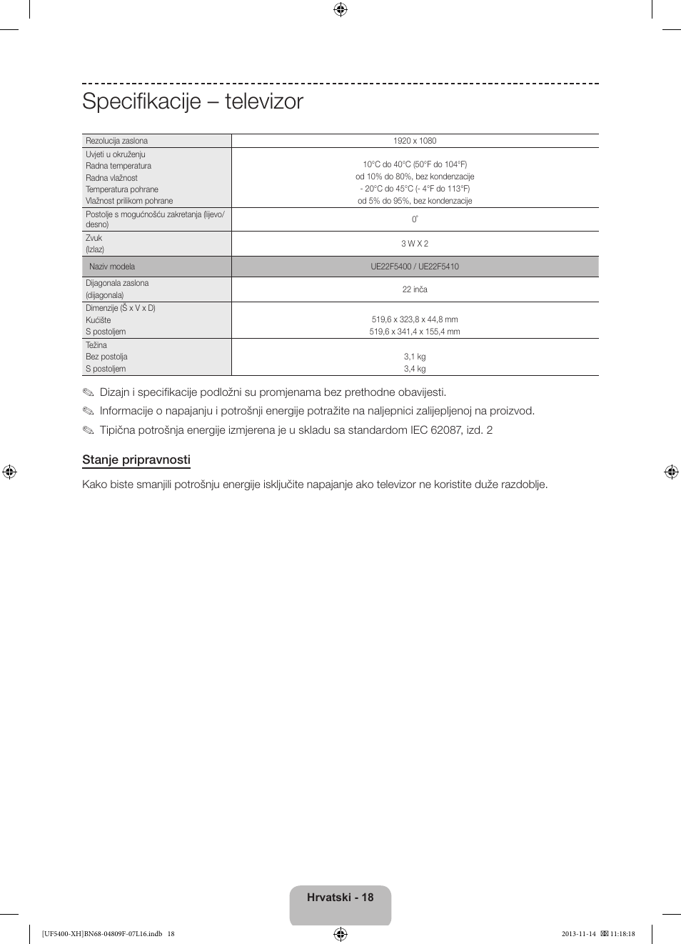 Specifikacije – televizor | Samsung UE22F5410AW User Manual | Page 108 / 289