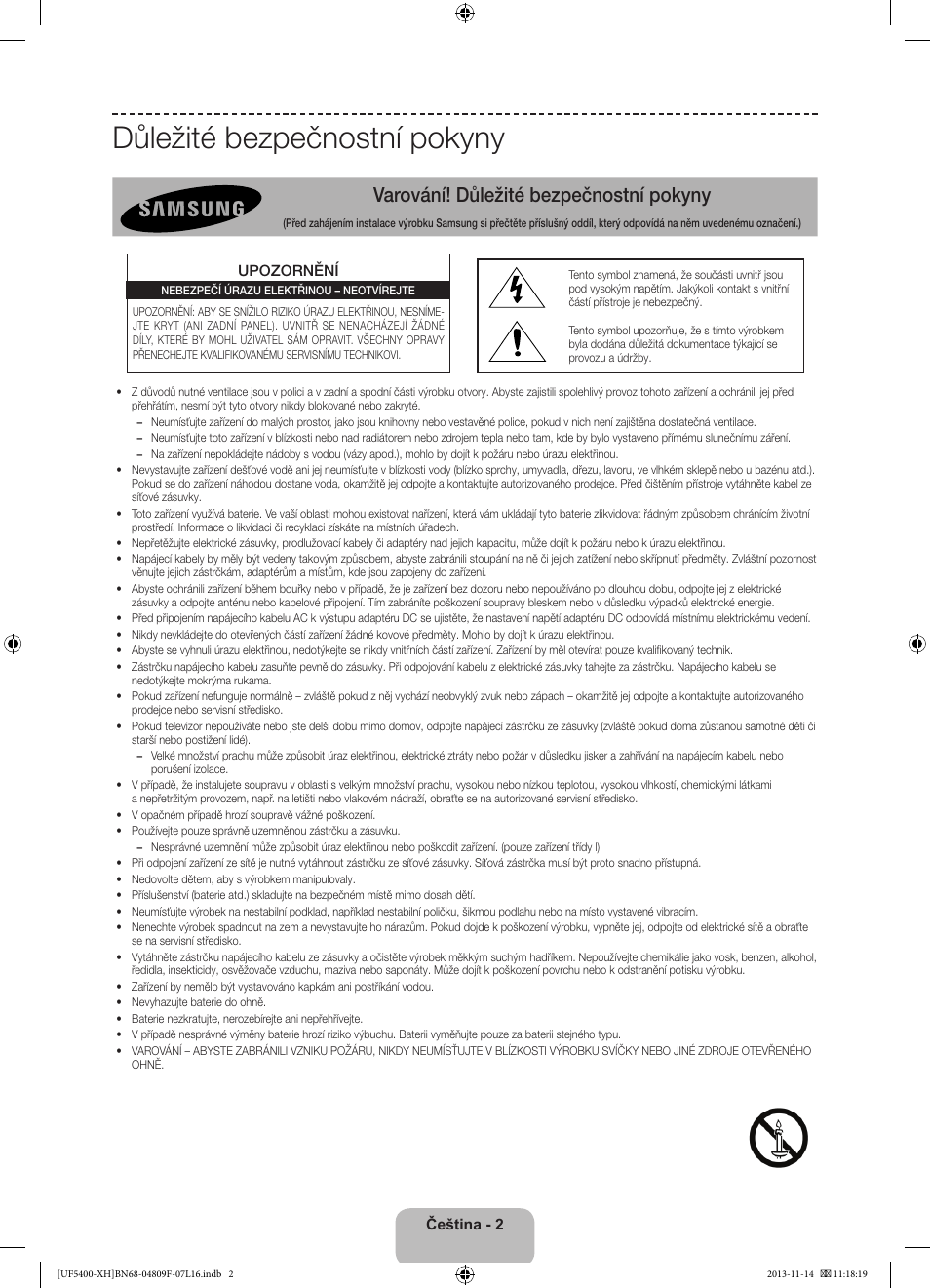 Důležité bezpečnostní pokyny, Varování! důležité bezpečnostní pokyny | Samsung UE22F5410AW User Manual | Page 110 / 289