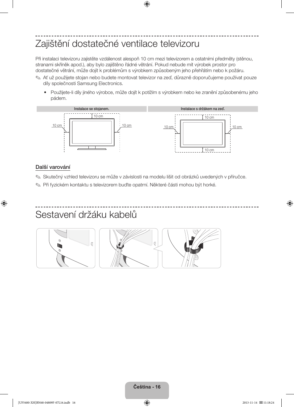 Zajištění dostatečné ventilace televizoru, Sestavení držáku kabelů | Samsung UE22F5410AW User Manual | Page 124 / 289