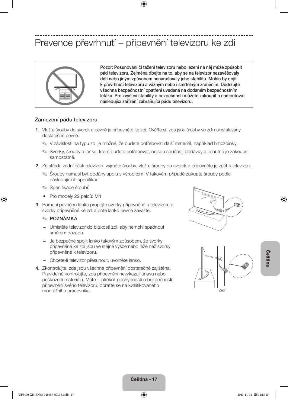 Prevence převrhnutí – připevnění televizoru ke zdi | Samsung UE22F5410AW User Manual | Page 125 / 289