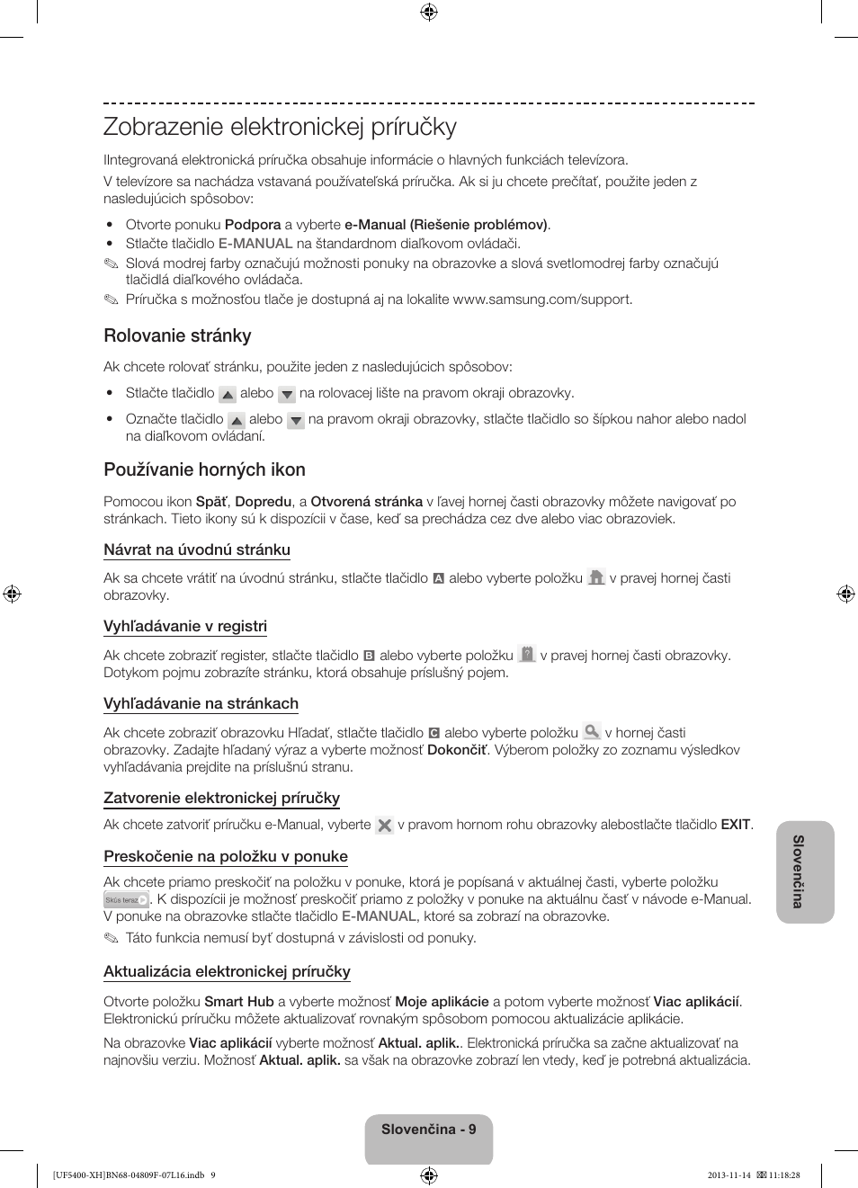 Zobrazenie elektronickej príručky, Rolovanie stránky, Používanie horných ikon | Samsung UE22F5410AW User Manual | Page 135 / 289