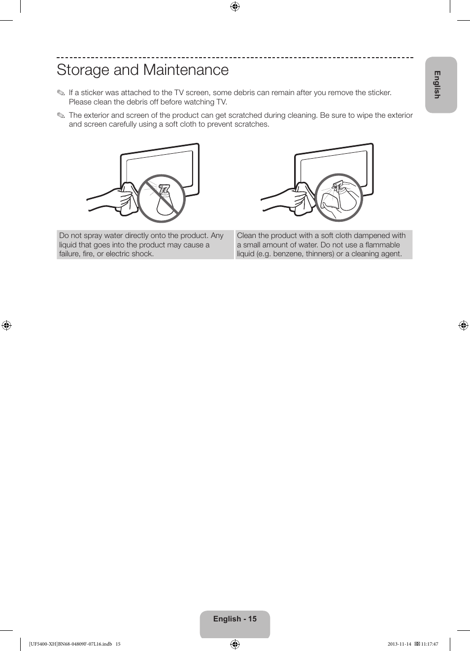 Storage and maintenance | Samsung UE22F5410AW User Manual | Page 15 / 289