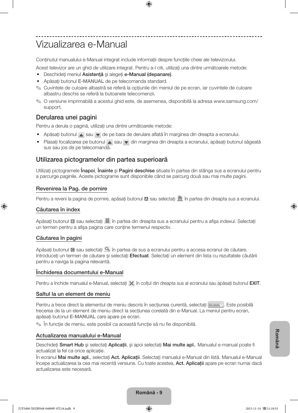 Vizualizarea e-manual, Derularea unei pagini, Utilizarea pictogramelor din partea superioară | Samsung UE22F5410AW User Manual | Page 153 / 289