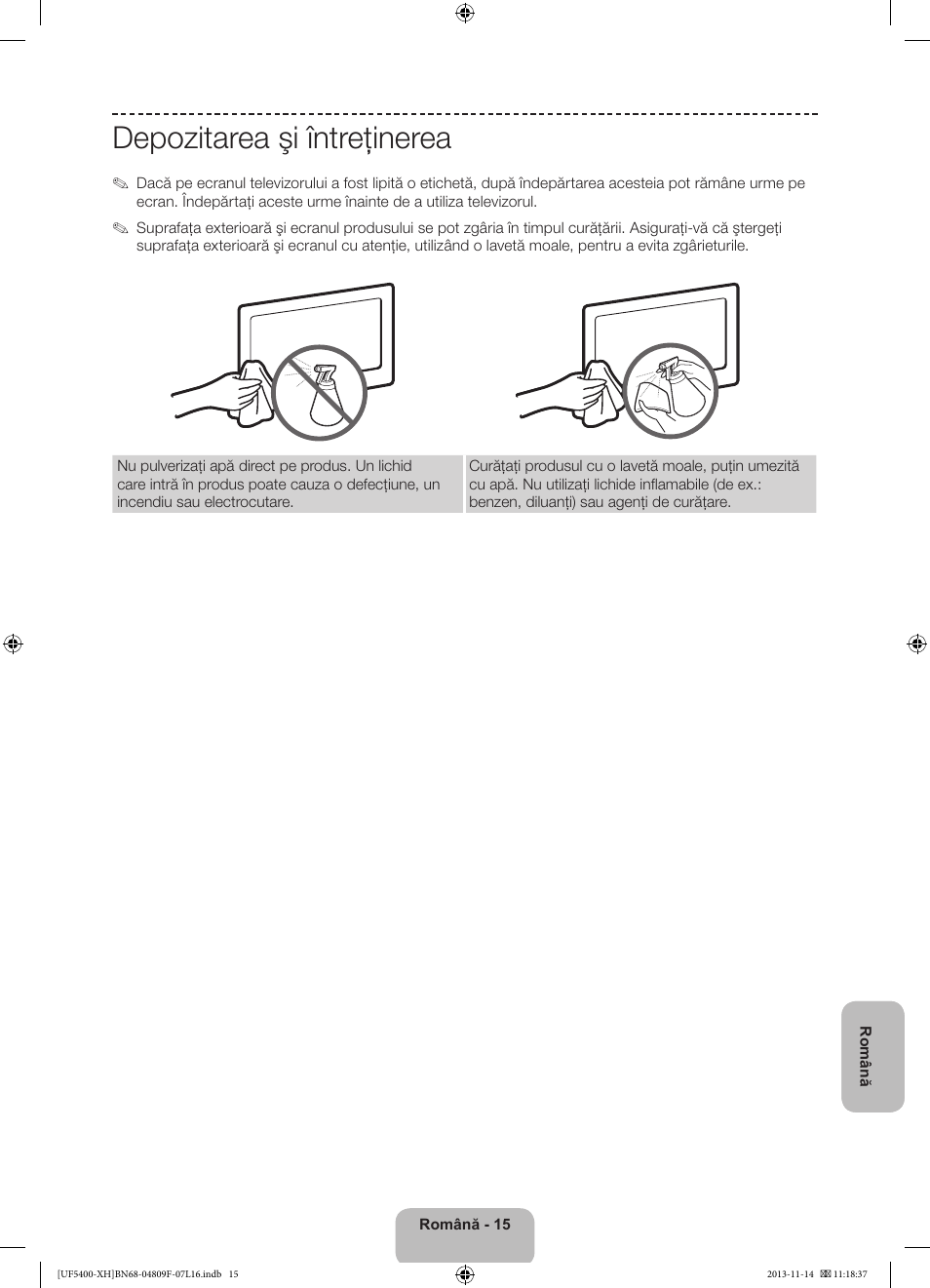 Depozitarea şi întreţinerea | Samsung UE22F5410AW User Manual | Page 159 / 289