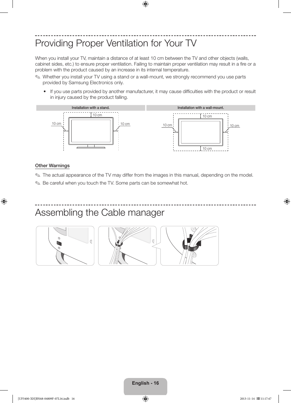 Providing proper ventilation for your tv, Assembling the cable manager | Samsung UE22F5410AW User Manual | Page 16 / 289