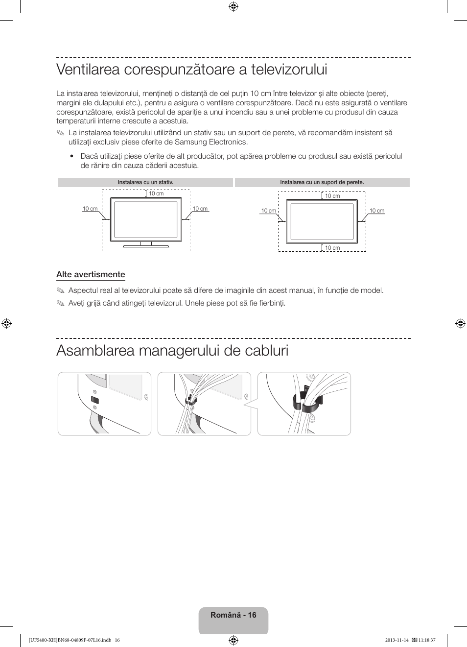 Ventilarea corespunzătoare a televizorului, Asamblarea managerului de cabluri | Samsung UE22F5410AW User Manual | Page 160 / 289