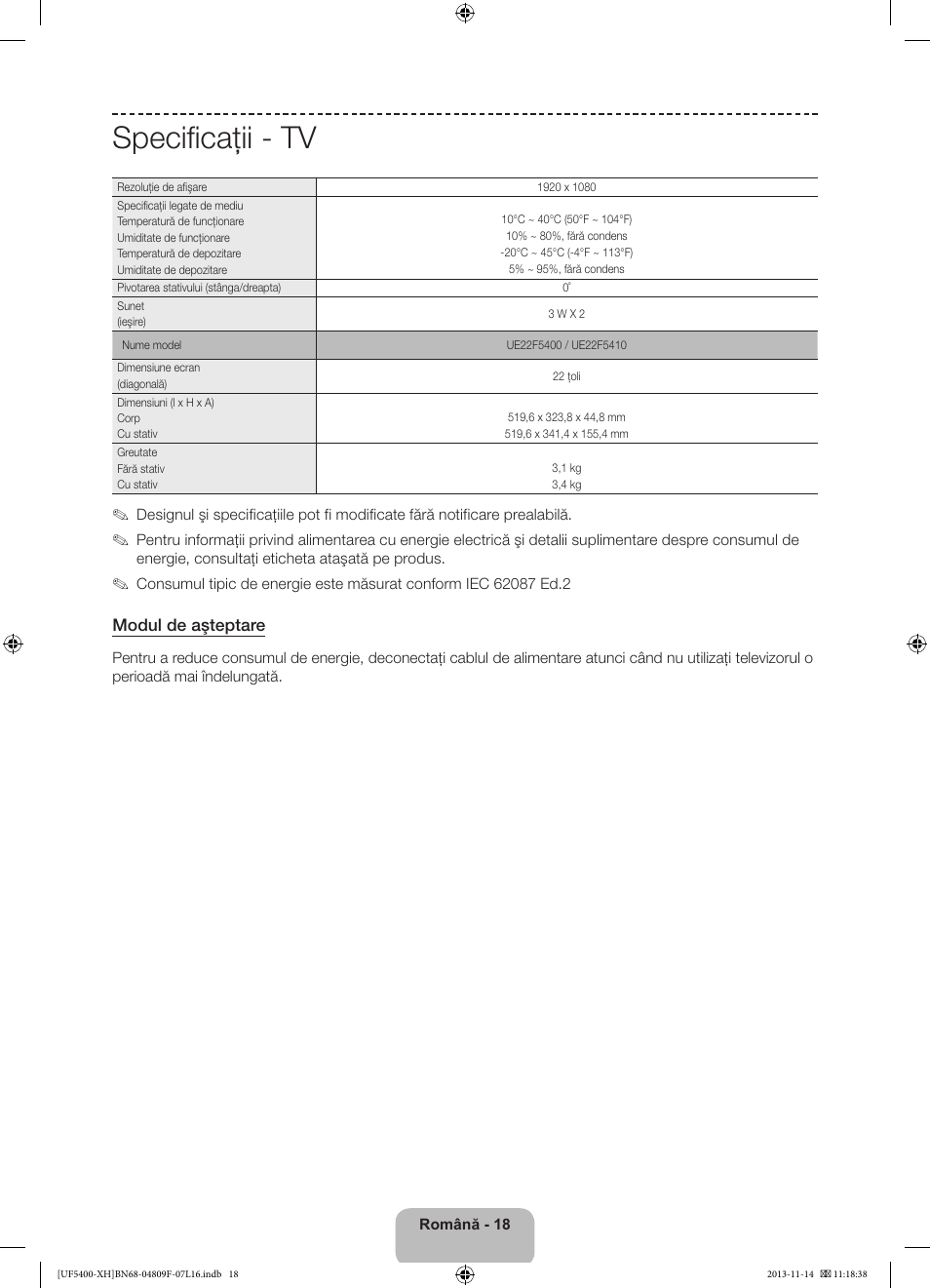 Specificaţii - tv | Samsung UE22F5410AW User Manual | Page 162 / 289