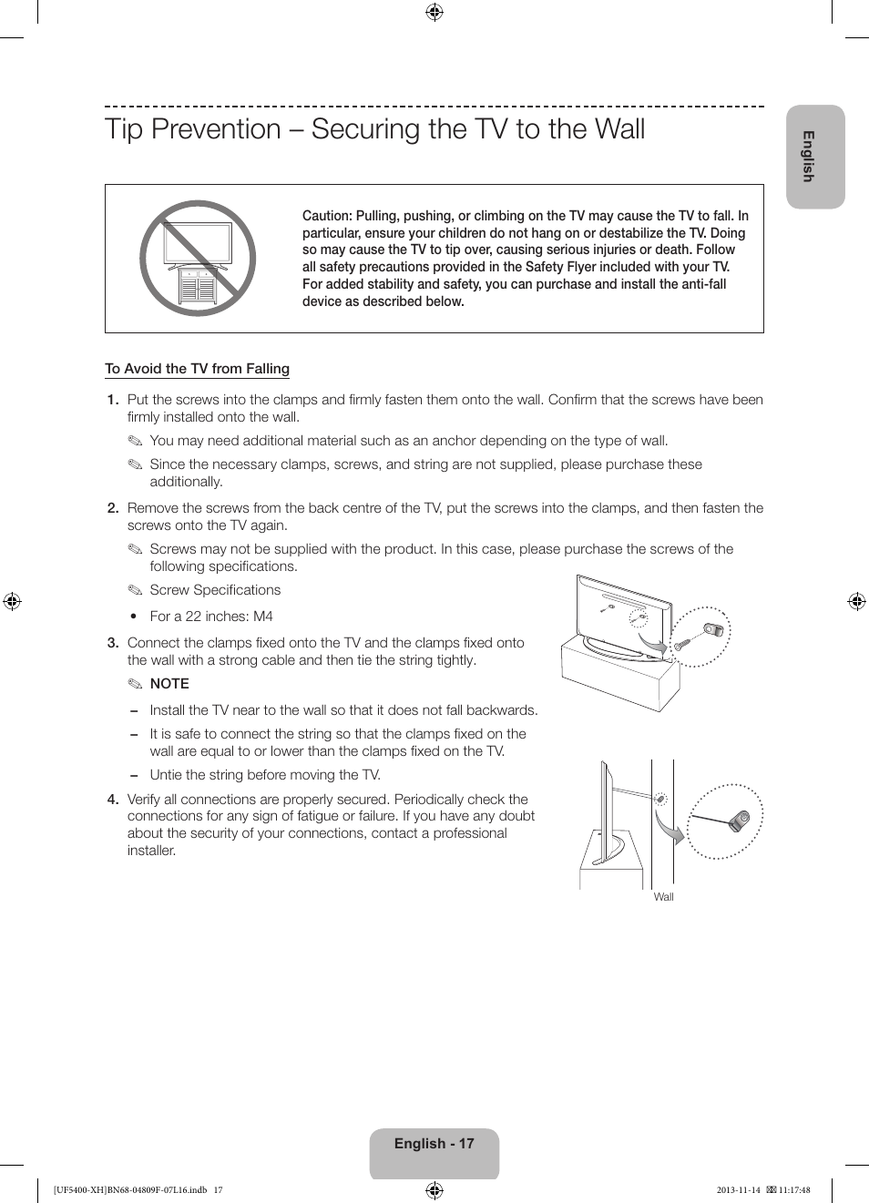 Tip prevention – securing the tv to the wall | Samsung UE22F5410AW User Manual | Page 17 / 289