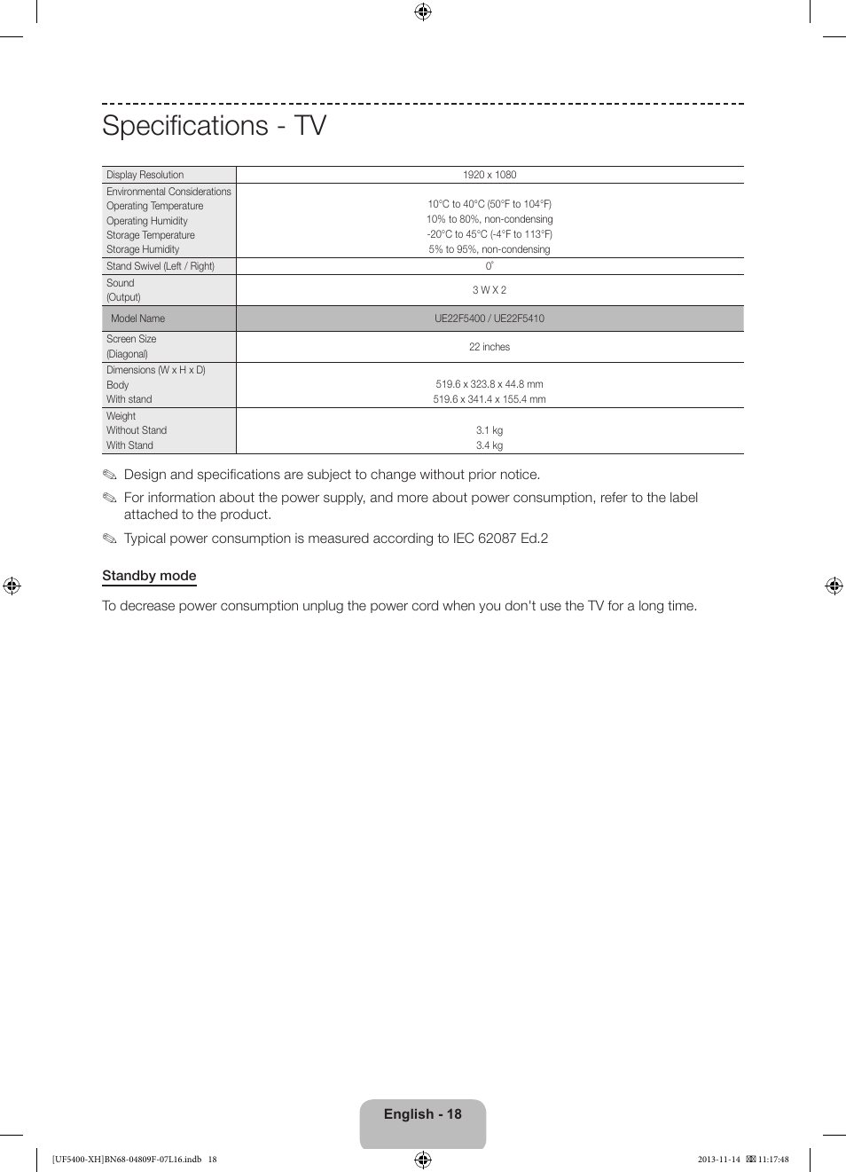 Specifications - tv | Samsung UE22F5410AW User Manual | Page 18 / 289