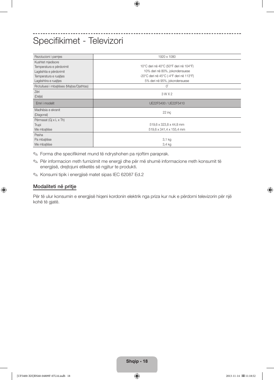 Specifikimet - televizori | Samsung UE22F5410AW User Manual | Page 198 / 289