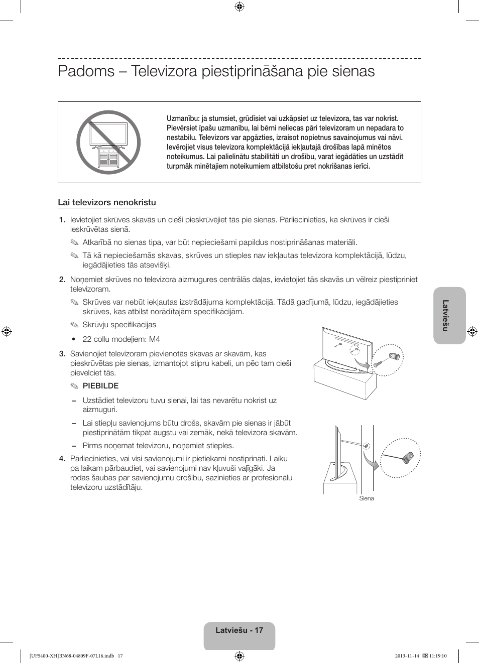 Padoms – televizora piestiprināšana pie sienas | Samsung UE22F5410AW User Manual | Page 251 / 289