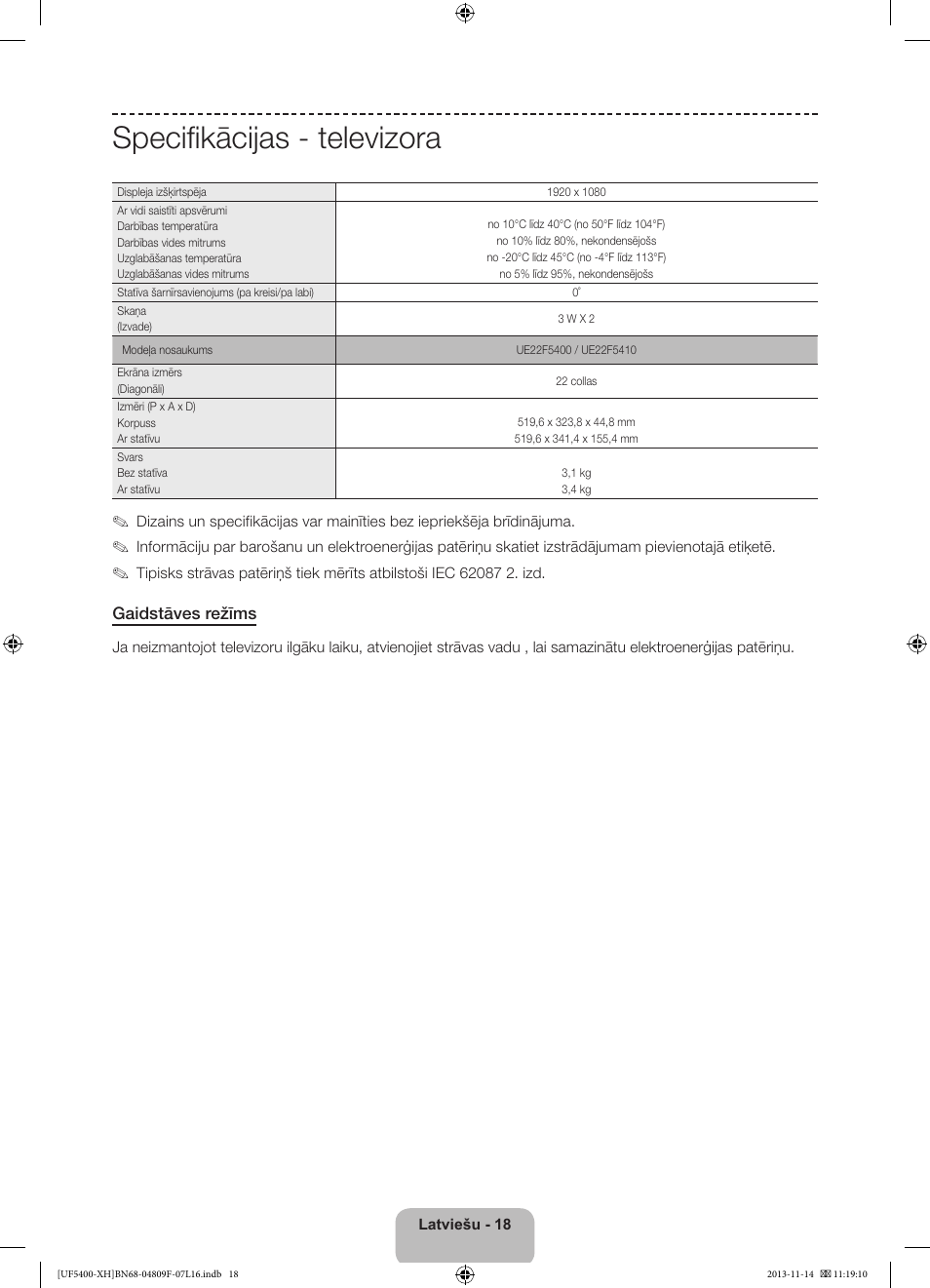 Specifikācijas - televizora | Samsung UE22F5410AW User Manual | Page 252 / 289