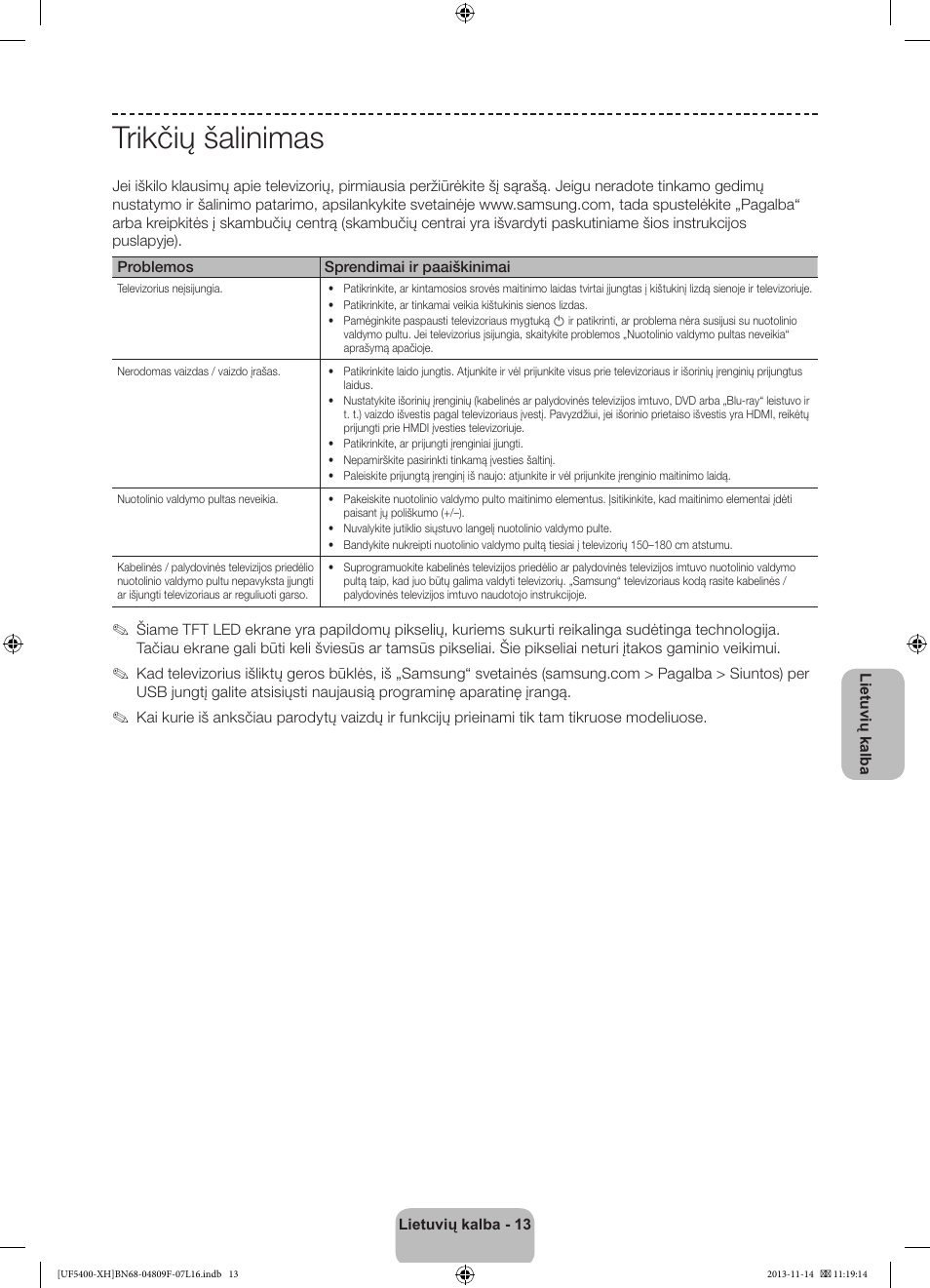 Trikčių šalinimas | Samsung UE22F5410AW User Manual | Page 265 / 289