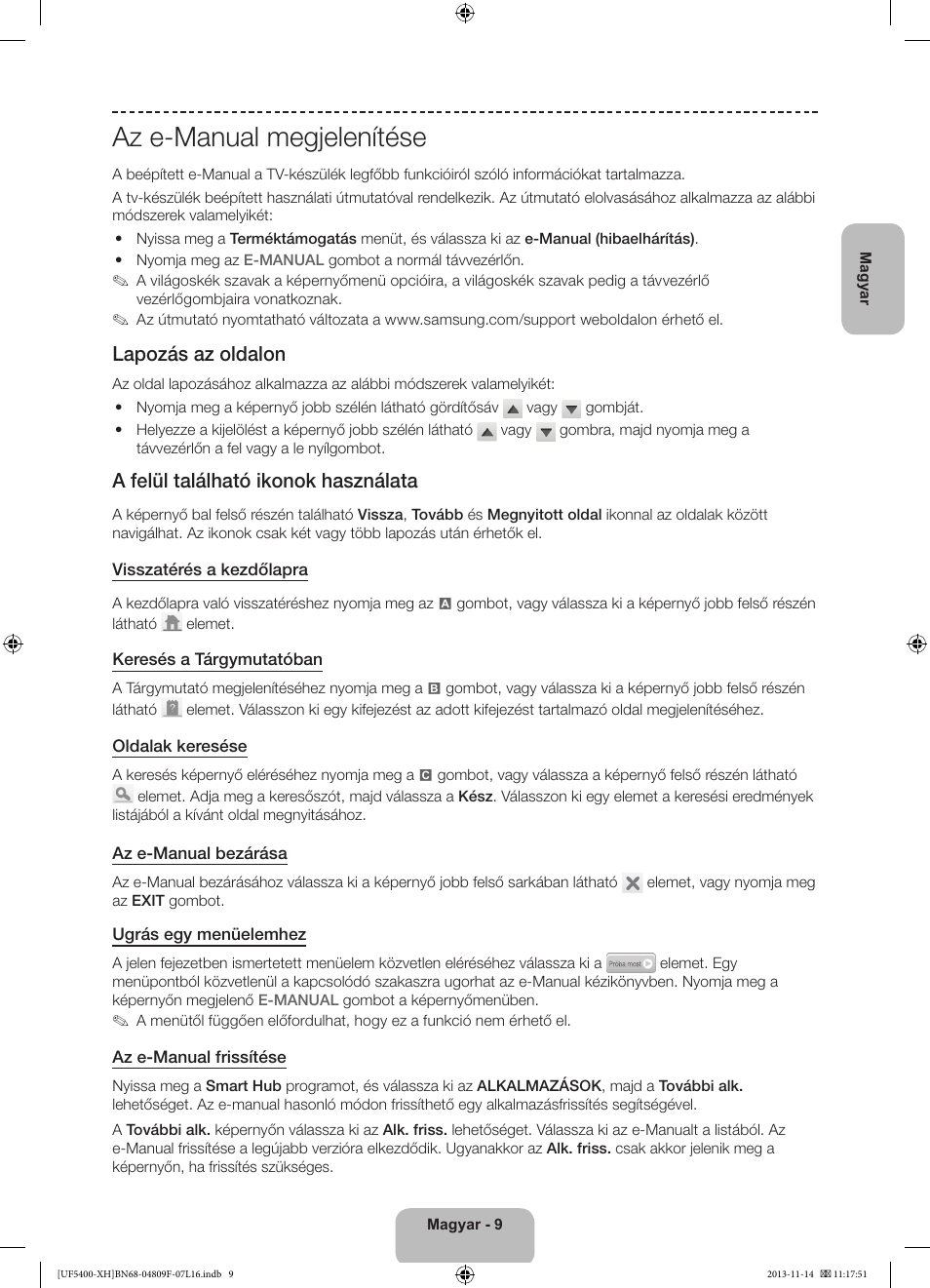 Az e-manual megjelenítése, Lapozás az oldalon, A felül található ikonok használata | Samsung UE22F5410AW User Manual | Page 27 / 289