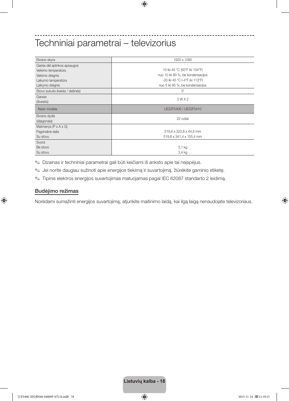Techniniai parametrai – televizorius | Samsung UE22F5410AW User Manual | Page 270 / 289