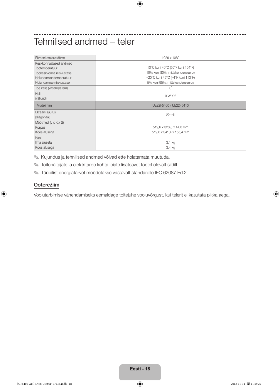 Tehnilised andmed – teler | Samsung UE22F5410AW User Manual | Page 288 / 289