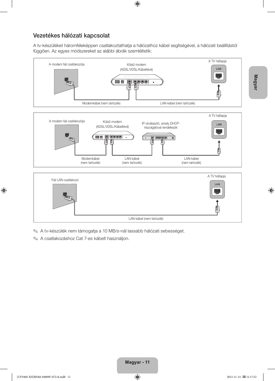 Vezetékes hálózati kapcsolat | Samsung UE22F5410AW User Manual | Page 29 / 289