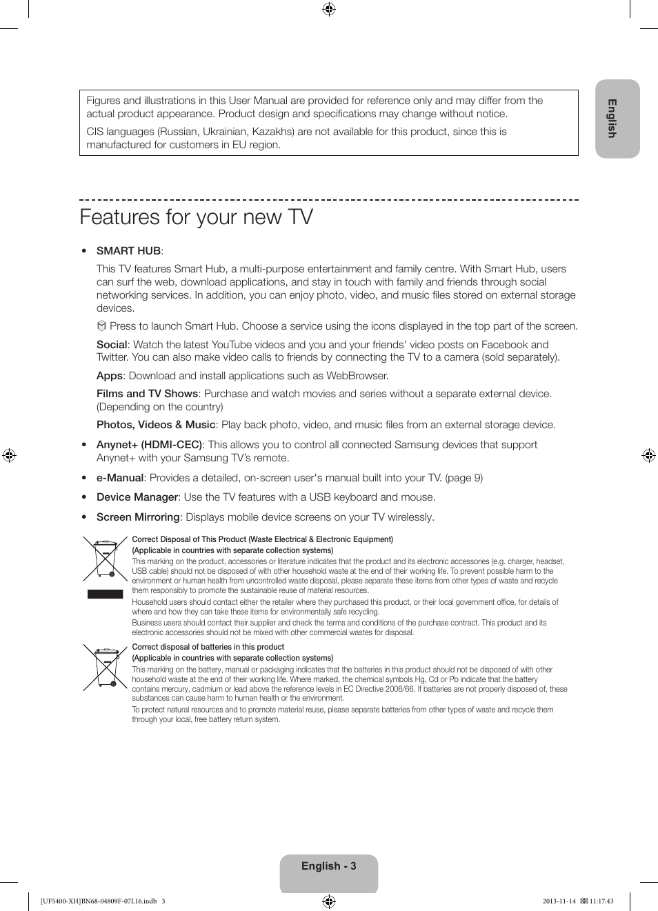 Features for your new tv | Samsung UE22F5410AW User Manual | Page 3 / 289