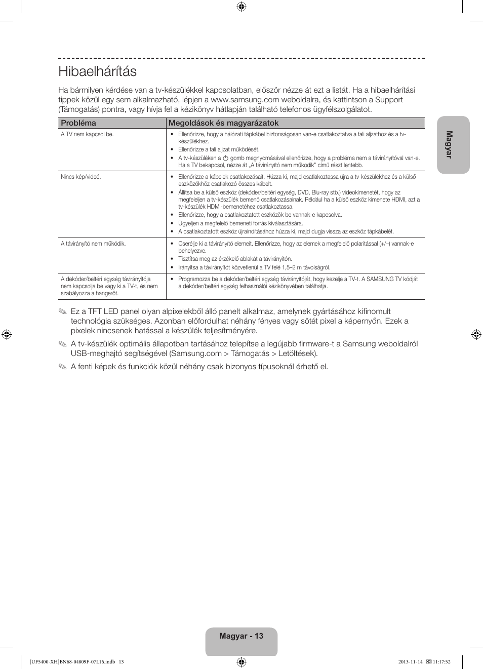 Hibaelhárítás | Samsung UE22F5410AW User Manual | Page 31 / 289