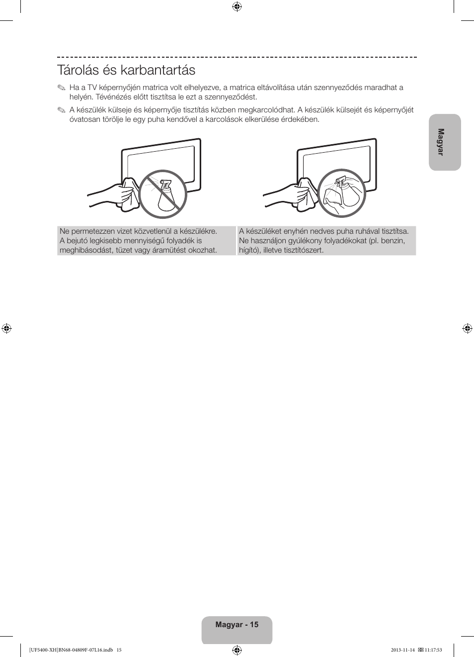 Tárolás és karbantartás | Samsung UE22F5410AW User Manual | Page 33 / 289