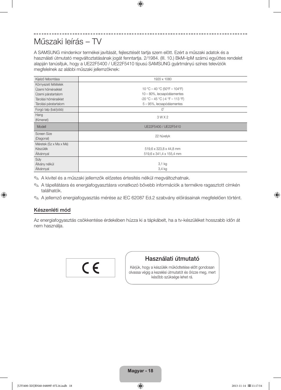 Műszaki leírás – tv, Használati útmutató | Samsung UE22F5410AW User Manual | Page 36 / 289