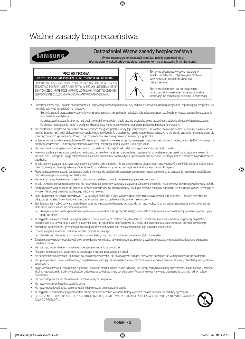 Ważne zasady bezpieczeństwa, Ostrzeżenie! ważne zasady bezpieczeństwa | Samsung UE22F5410AW User Manual | Page 38 / 289