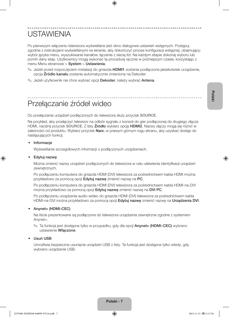 Ustawienia, Przełączanie źródeł wideo | Samsung UE22F5410AW User Manual | Page 43 / 289