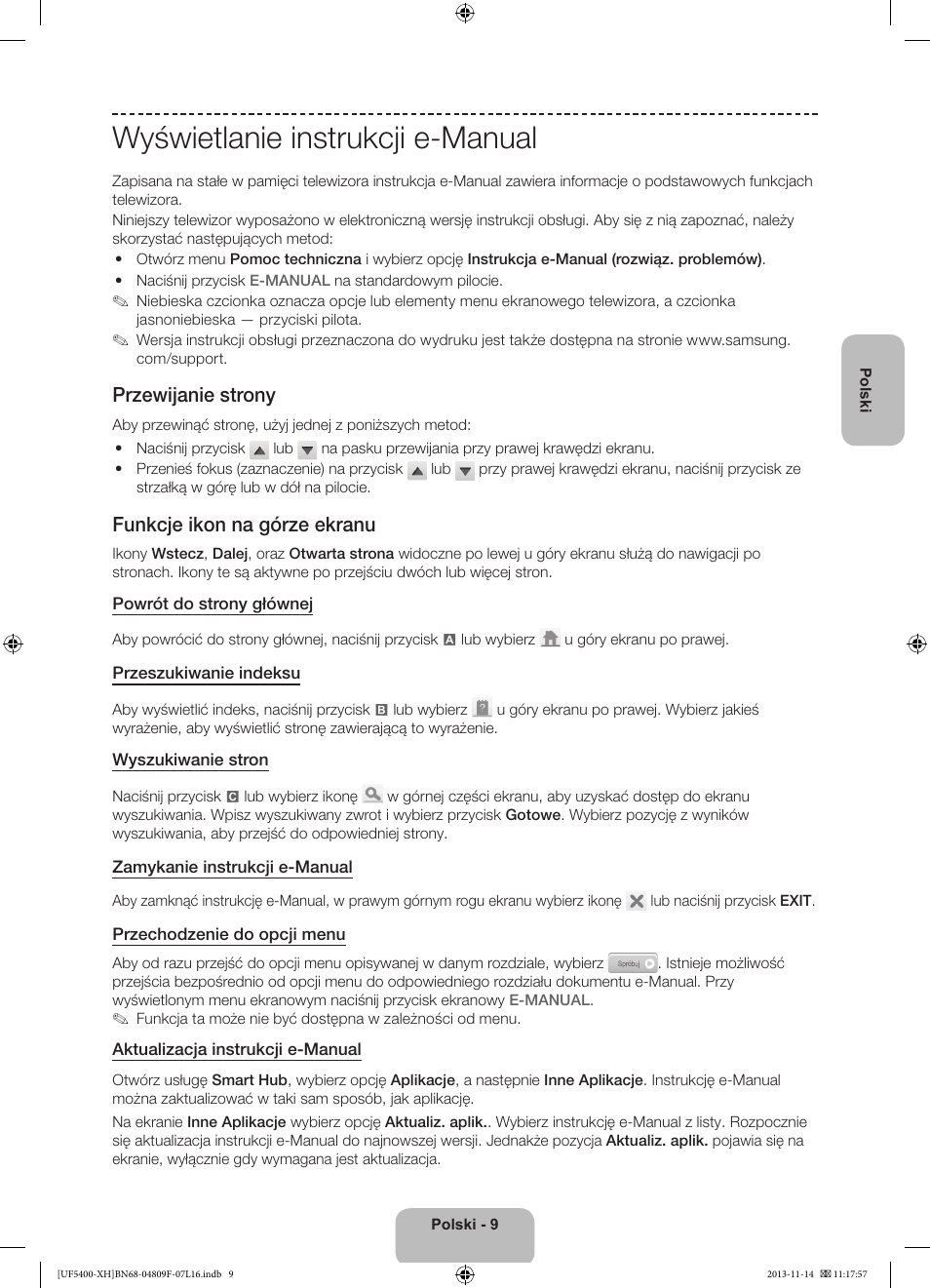 Wyświetlanie instrukcji e-manual, Przewijanie strony, Funkcje ikon na górze ekranu | Samsung UE22F5410AW User Manual | Page 45 / 289