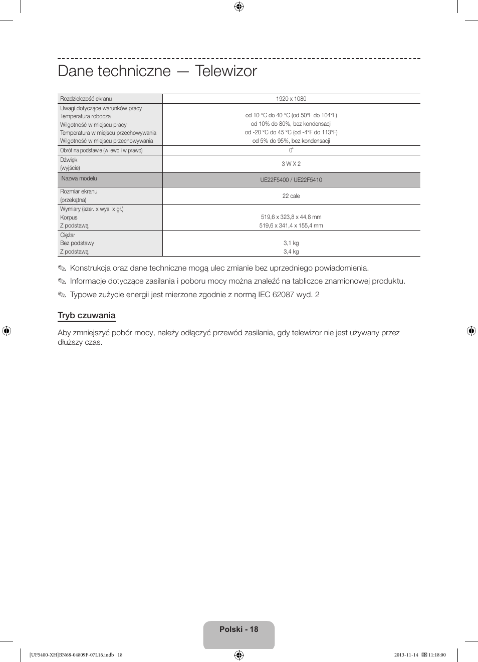 Dane techniczne — telewizor | Samsung UE22F5410AW User Manual | Page 54 / 289