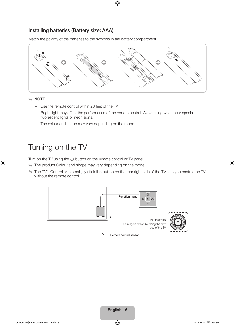 Turning on the tv, Installing batteries (battery size: aaa) | Samsung UE22F5410AW User Manual | Page 6 / 289