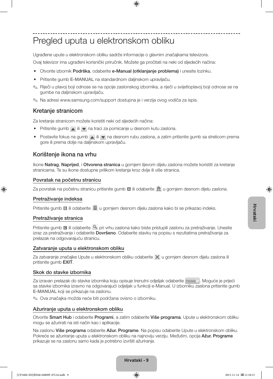 Pregled uputa u elektronskom obliku, Kretanje stranicom, Korištenje ikona na vrhu | Samsung UE22F5410AW User Manual | Page 99 / 289