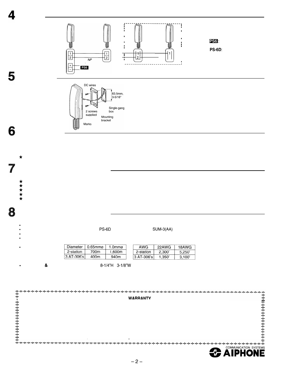 Wiring, Mounting, Operations | Technical precautions, Specifications (at-406) | Aiphone AT-306 User Manual | Page 2 / 2