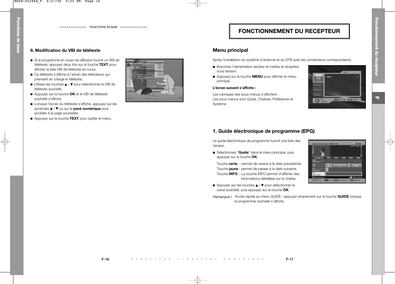 Fonctionnement du recepteur, Menu principal, Guide électronique de programme (epg) | Samsung DTB-B360 User Manual | Page 11 / 62