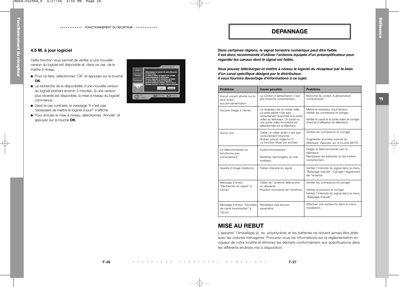 Depannage, Mise au rebut, Référ ence | Fonctionnement du récepteur, 5 m. à jour logiciel | Samsung DTB-B360 User Manual | Page 16 / 62