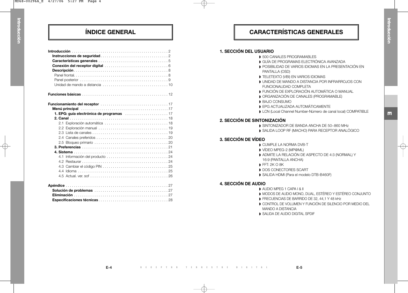 Índice general, Características generales | Samsung DTB-B360 User Manual | Page 20 / 62