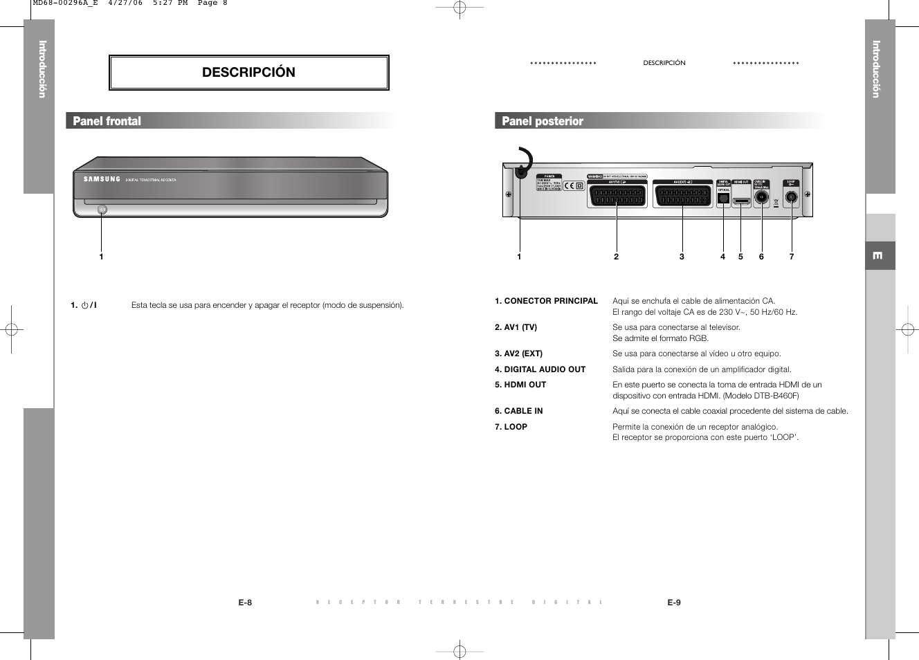 Descripción, Panel posterior panel frontal | Samsung DTB-B360 User Manual | Page 22 / 62