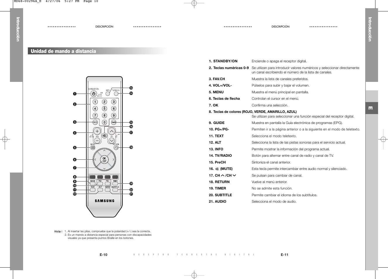 Unidad de mando a distancia | Samsung DTB-B360 User Manual | Page 23 / 62