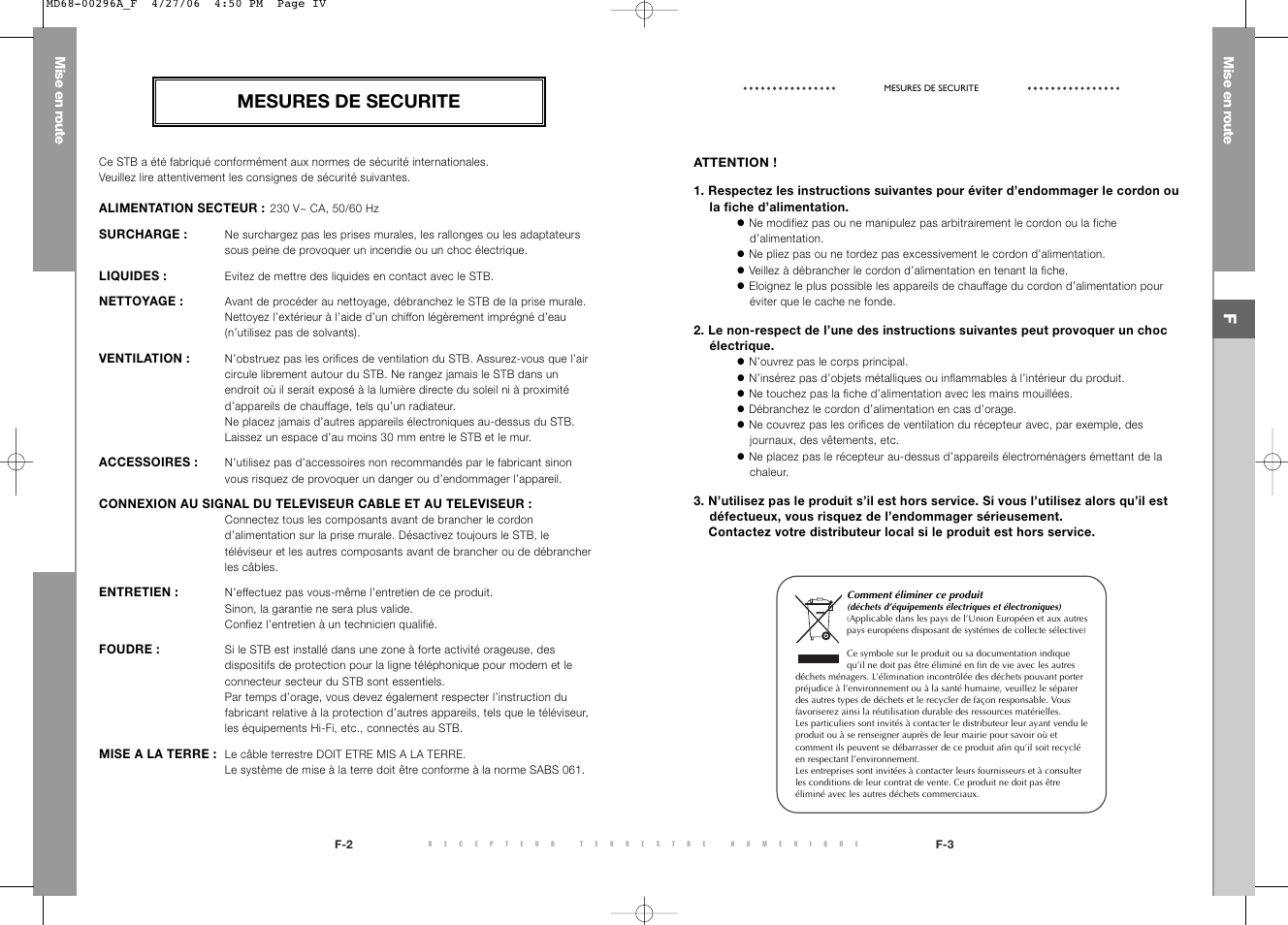 Mesures de securite | Samsung DTB-B360 User Manual | Page 4 / 62