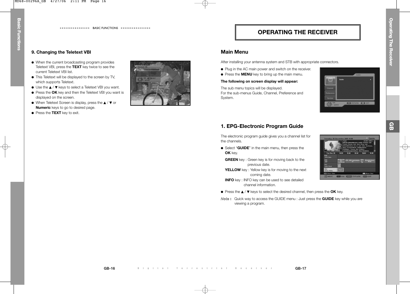 Operating the receiver, Main menu, Epg-electronic program guide | Samsung DTB-B360 User Manual | Page 41 / 62