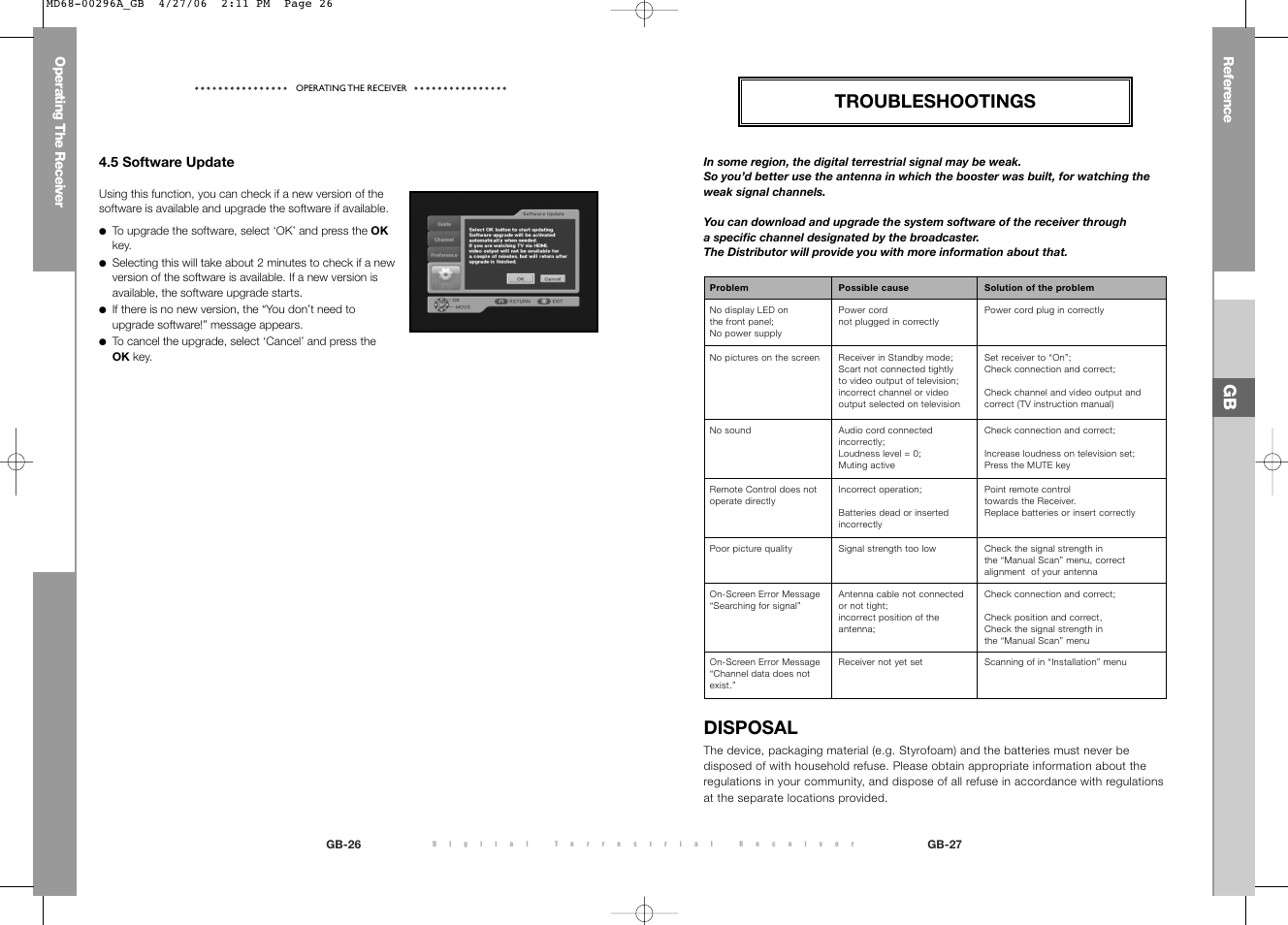 Troubleshootings, Disposal, Refer ence operating the receiver | 5 software update | Samsung DTB-B360 User Manual | Page 46 / 62