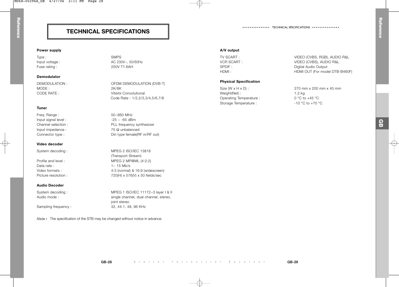 Technical specifications | Samsung DTB-B360 User Manual | Page 47 / 62