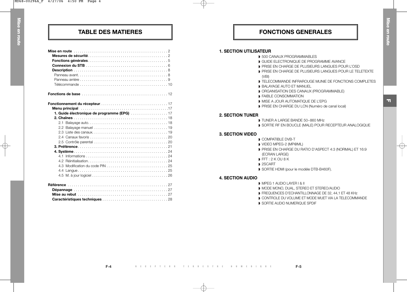 Table des matieres, Fonctions generales | Samsung DTB-B360 User Manual | Page 5 / 62