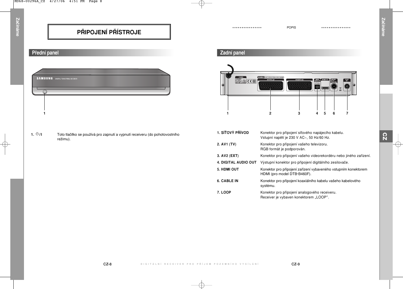 P¤ipojení p¤ístroje, Zadní panel pﬁední panel | Samsung DTB-B360 User Manual | Page 52 / 62